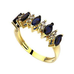 Anel Navete Ouro 18k Zircônias Azuis