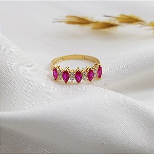 Anel Navete Ouro 18k Zircônias Vermelhas
