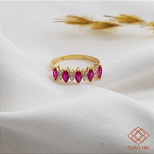 Anel Navete Ouro 18k Zircônias Vermelhas