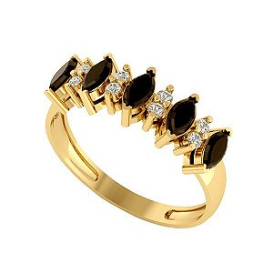 Anel Navete Ouro 18k Zircônias Negras