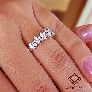 Anel Navete Ouro Branco 18k - Brilhante Moissanite 66pts