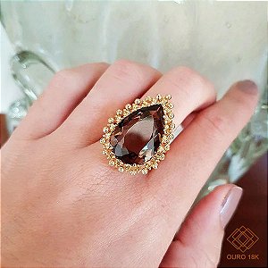 Anel Ouro 18k Esferas com Quartzo Fumê
