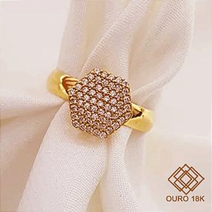 Anel Chuveiro Sextavado Ouro 18k Zircônias