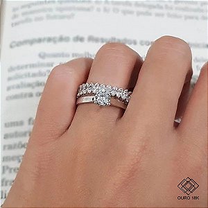 Kit Anel Solitário Ouro Branco 18k + Anel Navete Inteira Ouro Branco 18k