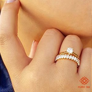 Kit Anel Solitário Ouro 18k + Anel Navete Inteira Ouro 18k