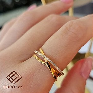 Anel Trançado Ouro 18k Zircônias