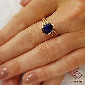 Anel Ouro 18k Zircônia Azul