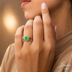 Anel Ouro 18k Jade e Zircônias