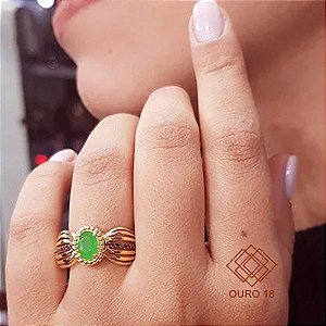 Anel Ouro 18k Jade e Zircônias