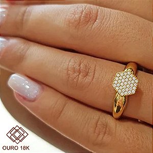 Anel Chuveiro Sextavado Ouro 18k Zircônias