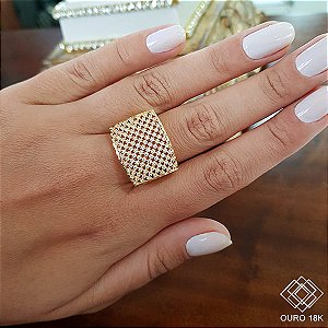 Anel Quadrado Ouro 18k Zircônias