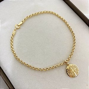 Pulseira Elo Português e Pingente São Bento Ouro 18k