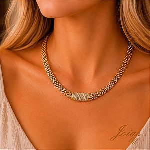 Gargantilha Choker Pipoca Ouro 18k Zircônias