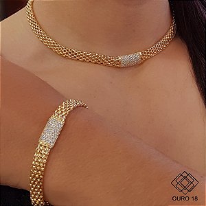 Gargantilha Choker Pipoca Ouro 18k Zircônias