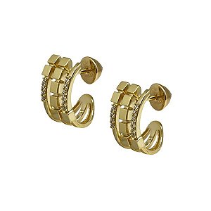 Brinco Meia Argola Quadrados Ouro 18k Zircônia