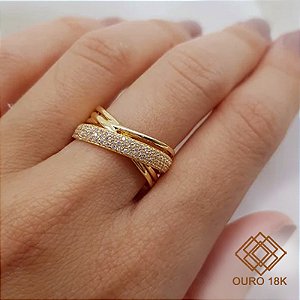 Anel Trançado Ouro 18k Zircônia