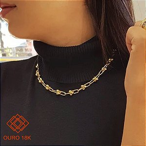 Gargantilha Bold Cadeado Esferas Ouro 18k