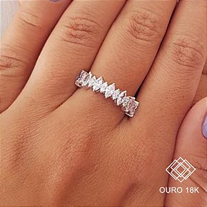 Anel Navete Ouro Branco 18k Zircônias