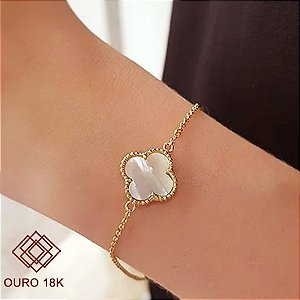Pulseira Trevo Quatro Folhas Madre Pérola Ouro 18k