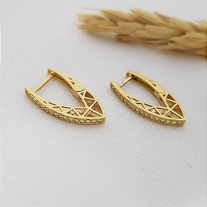 Brinco Argola Design V Ouro 18k Zircônia