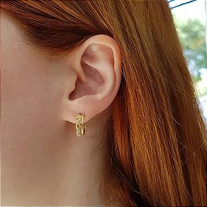 Brinco Meia Argola Corrente Ouro 18k Zircônia