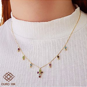 Gargantilha Cruz Ouro 18k Pedras Naturais