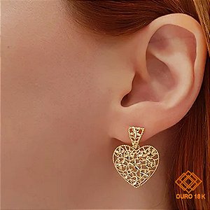 Brinco Coração Diamantado Ouro 18k