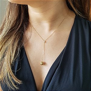 Gargantilha Gravata Coração Esfera Ouro 18k Zircônia
