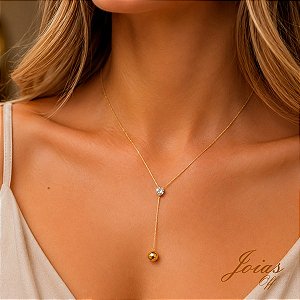 Gargantilha Gravata Coração Esfera Ouro 18k Zircônia