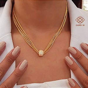 Gargantilha Fios e Pingente  Ouro 18k e Zircônia