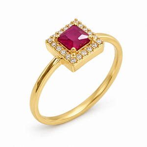 Anel Quadrado Ouro 18k Zircônia Vermelha