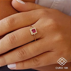 Anel Quadrado Ouro 18k Zircônia
