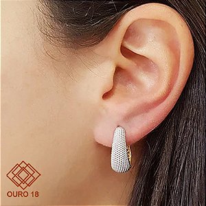 Brinco Argola Gota em Ouro 18k com Ródio Branco