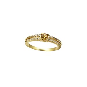 Anel Solitário Ouro 18k Citrino e Moissanite