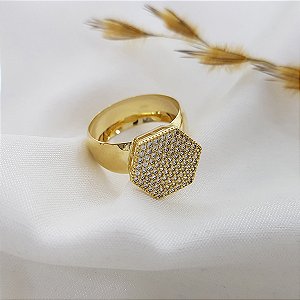 Anel Chuveiro Sextavado Ouro 18k Zircônias