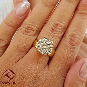 Anel Chuveiro Sextavado Ouro 18k Zircônias