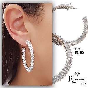 Brinco Meia  Argola Grande Zircônias Prata 925
