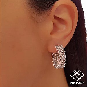 Brinco Meia Argola Grande Prata 925 Zircônias