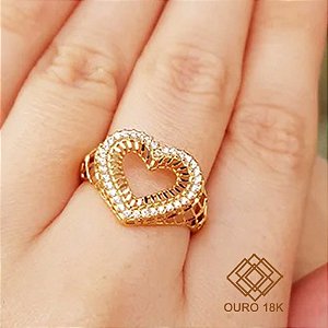 Anel Coração Vazado Ouro 18k Zircônias