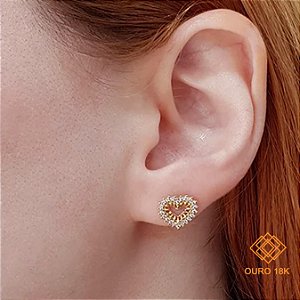 Brinco Coração Vazado Ouro 18k Zircônias