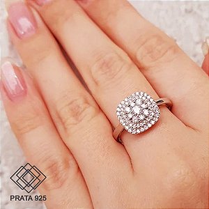 Anel Chuveiro Quadrado Prata 925 Zircônias