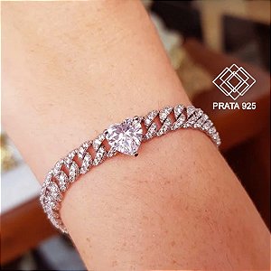 Pulseira Trançada Coração Prata 925 Zircônias