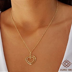 Kit Cordão + Pingente Coração Filigrana Ouro 18k