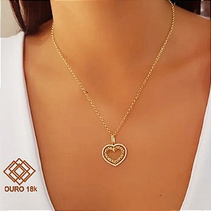 Kit Cordão + Pingente Coração Filigrana Ouro 18k Zircônias