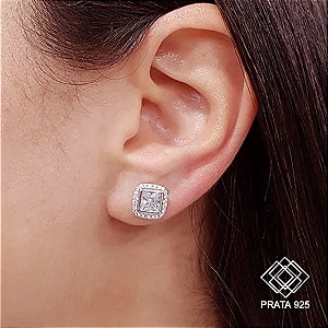 Brinco Ponto de Luz Quadrado Prata 925 Zircônias