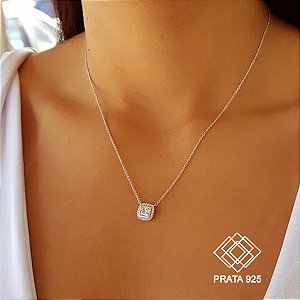 Gargantilha Ponto de Luz Quadrada Prata 925 Zircônias