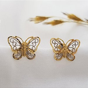 Brinco Borboleta Ouro 18k e  Ródio Branco