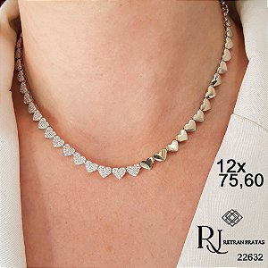 Choker Corações Prata 925 Zircônias