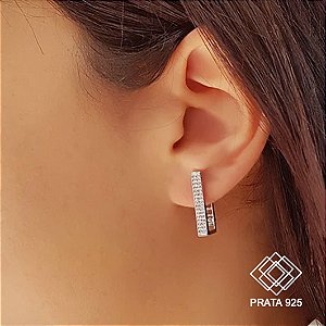Brinco Argola Retangular Prata 925 Zircônias