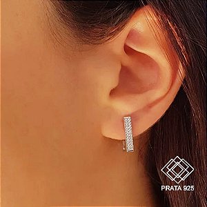 Brinco Argola Retangular Prata 925 Zircônias